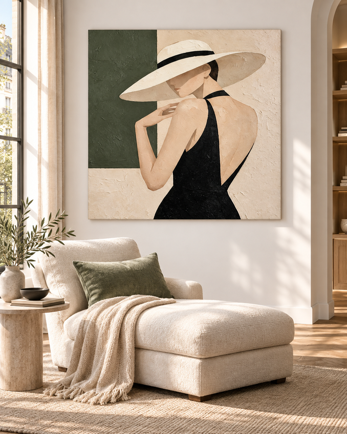 Minimalist Vintage Style Canvas Art Textured Abstract Lady Portrait With Olive And Cream Colors