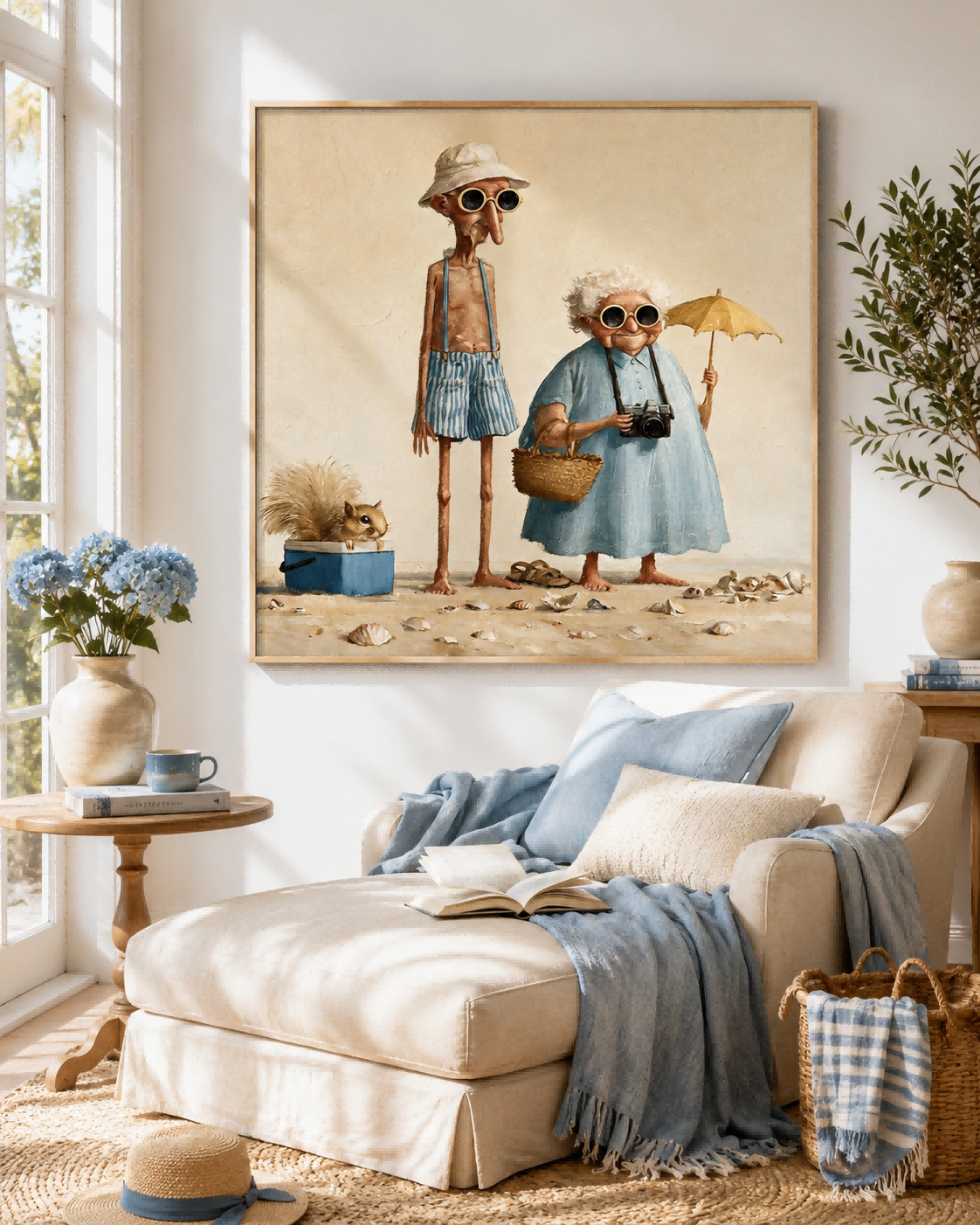 Vintage Couple Beach Painting Square Canvas Wall Art For Living Room Decor