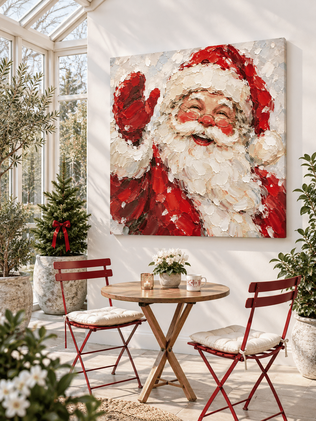 Hand-Painted Santa Claus Portrait With Red Hat And Glasses Canvas Art