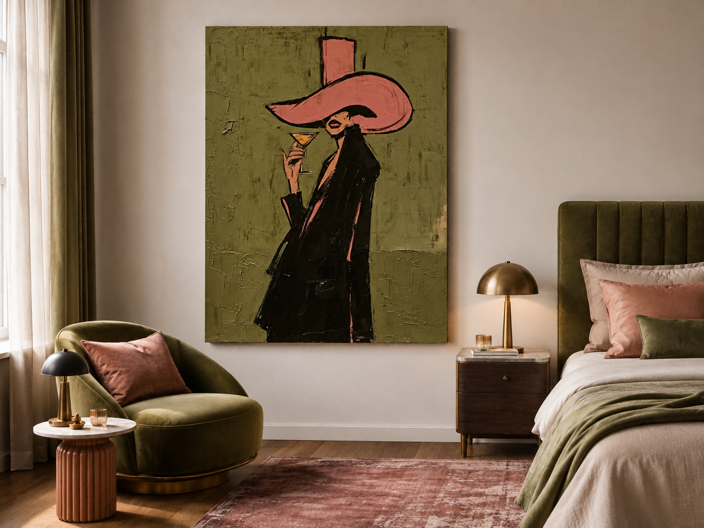 Chic Lounge Wall Art Featuring Elegant Lady Holding Cocktail Glass In Modern Retro Style