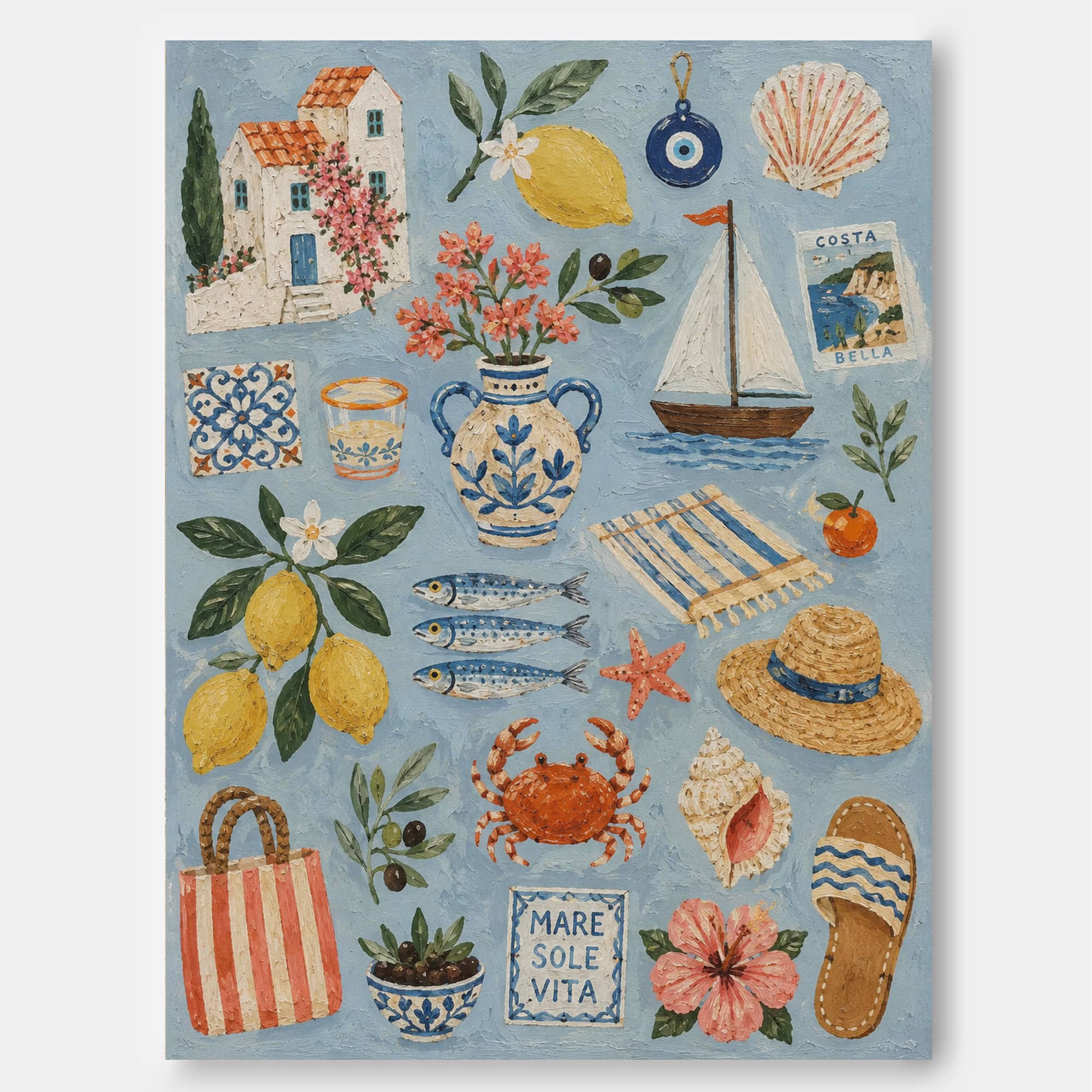 Mediterranean Bohemian Square Canvas Art With Lemons And Sea Life For Bright Living Room