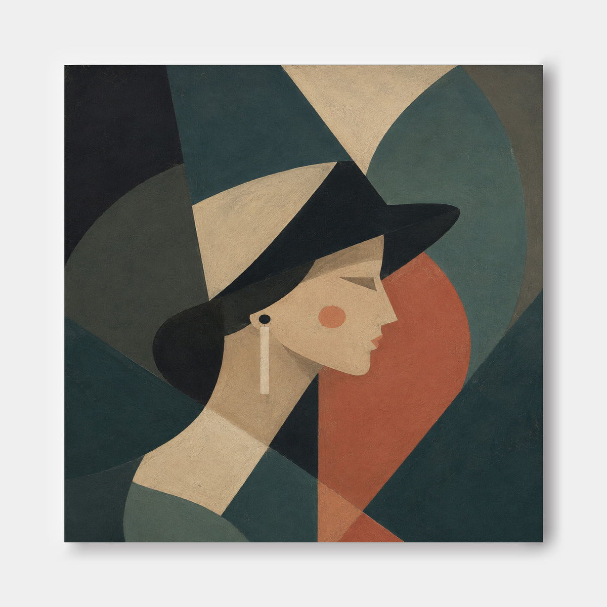 Minimalist Art Deco Style Painting With Morandi Green And Red Tones