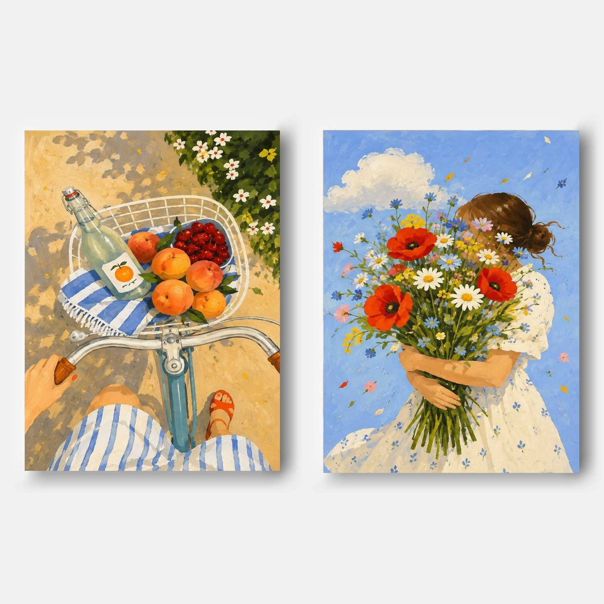 Hand-Painted Summer Flowers And Fruit Bicycle Canvas Art Diptych
