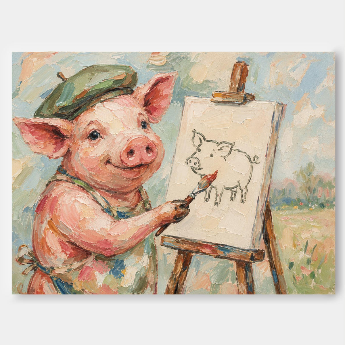 Textured Minimalist Cartoon Oil Painting Of A Creative Pink Pig