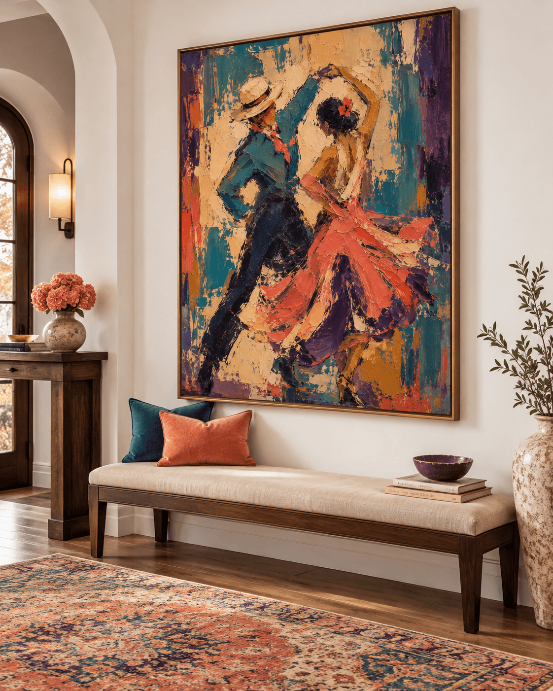 Hand-Painted Tango Dancers Canvas Art With Rich Texture And Warm Red Tones