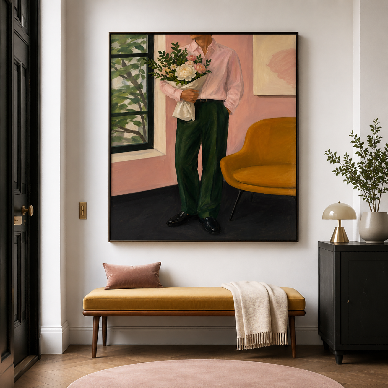 Modern Romantic Figurative Art Canvas Print Gentleman With Bouquet In Warm Tones