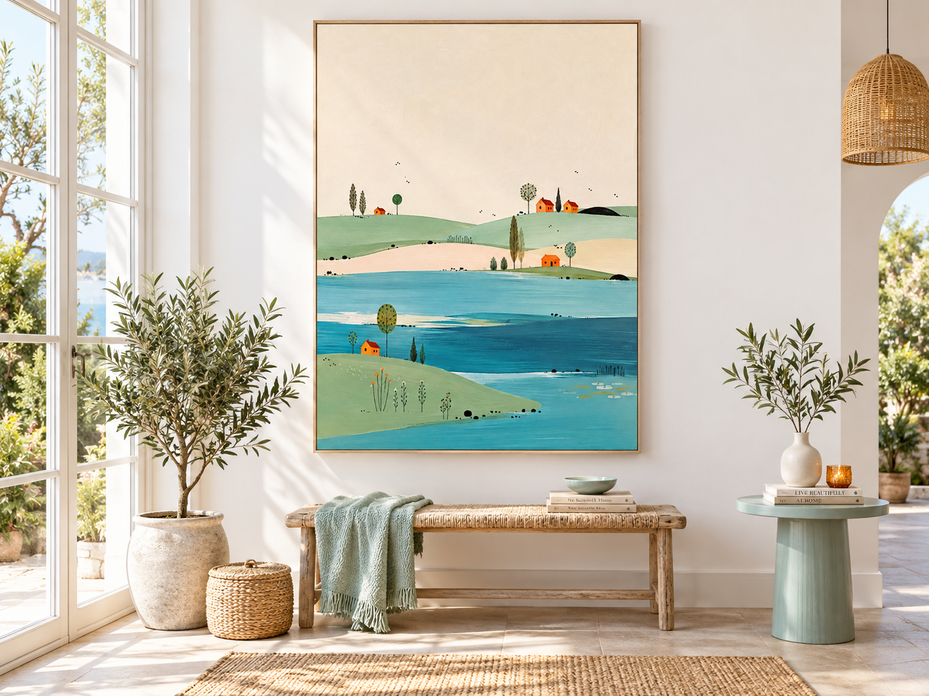 Minimalist Lake House Landscape Canvas Painting Hand-Painted Original Art