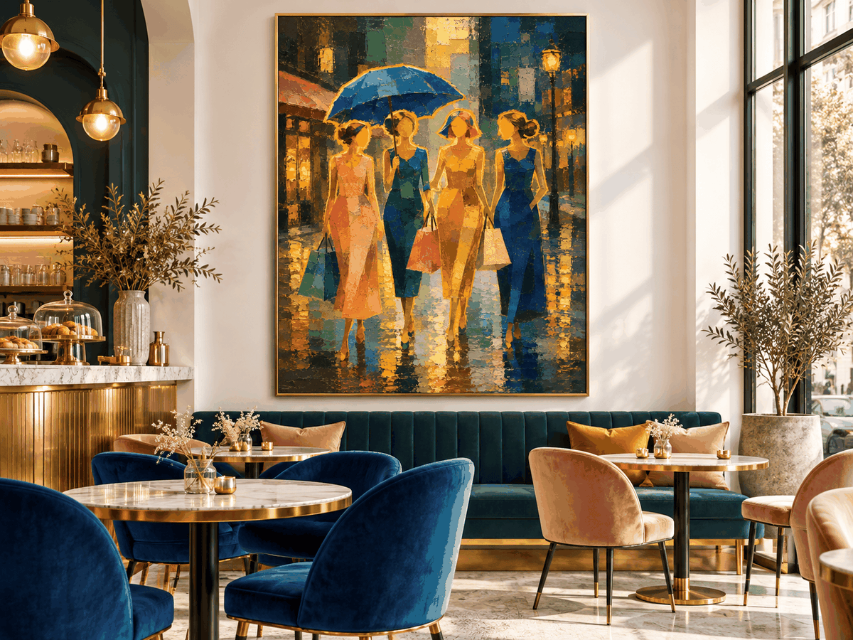 Textured Expressionist Painting Of City Life In Retro Style Hand-Painted Fashion Women With Umbrella Canvas Art