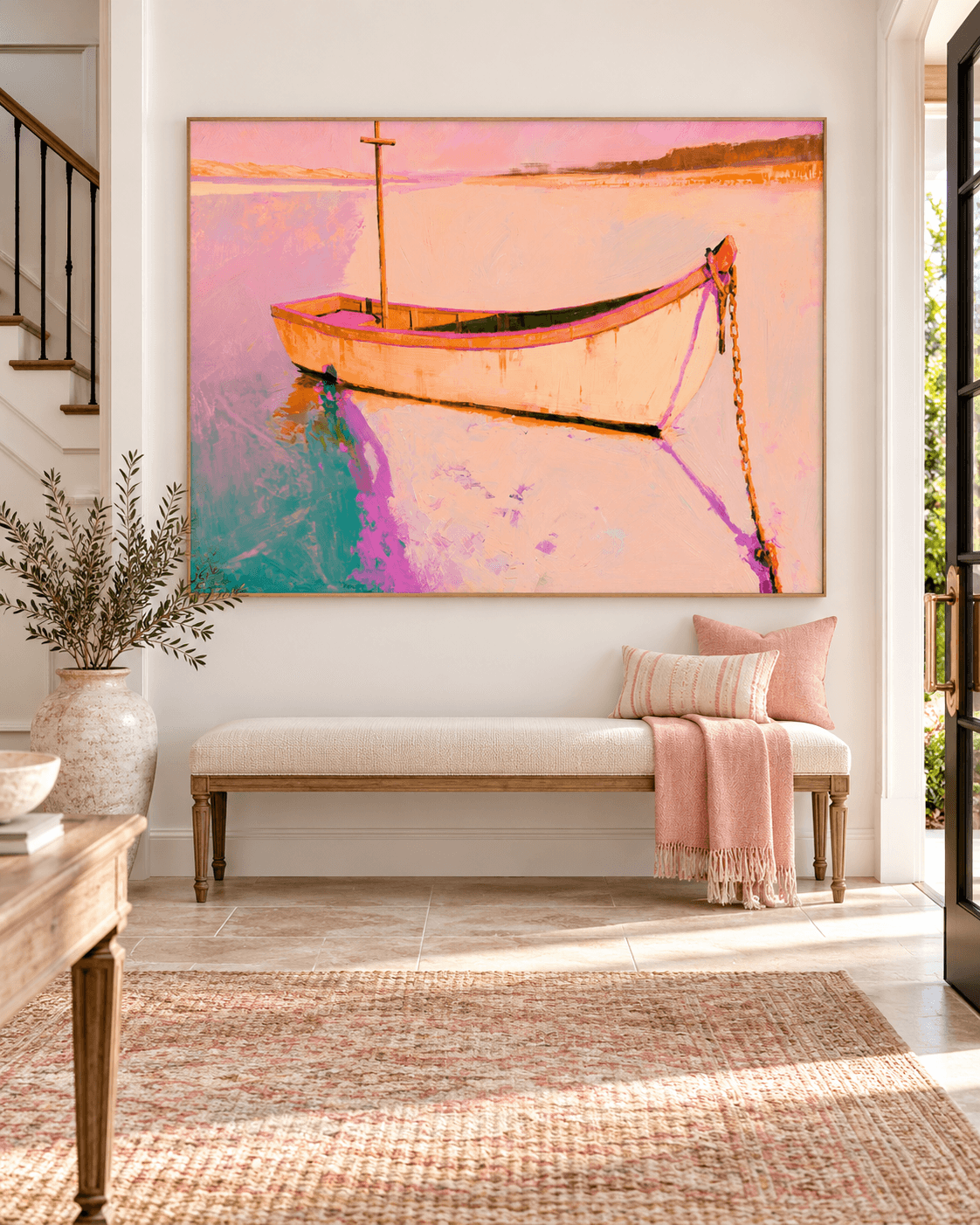 Hand-Painted Boat On Water Canvas Art With Pink Sunset