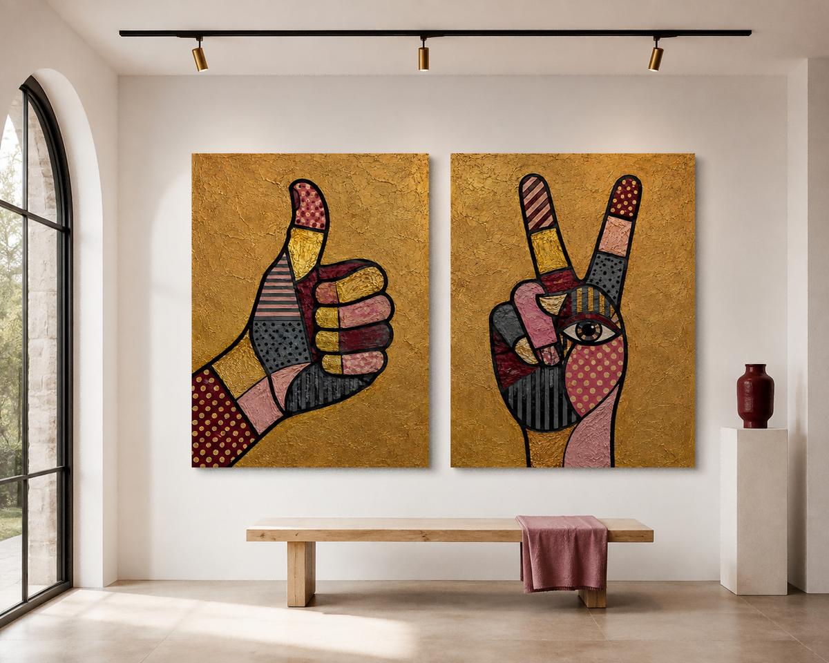 Hand-Painted Pop Art Hand Gestures Canvas Painting Set With Gold Background Eclectic Pop Art Canvas Set Pink Black Geometric Patterns On Gold