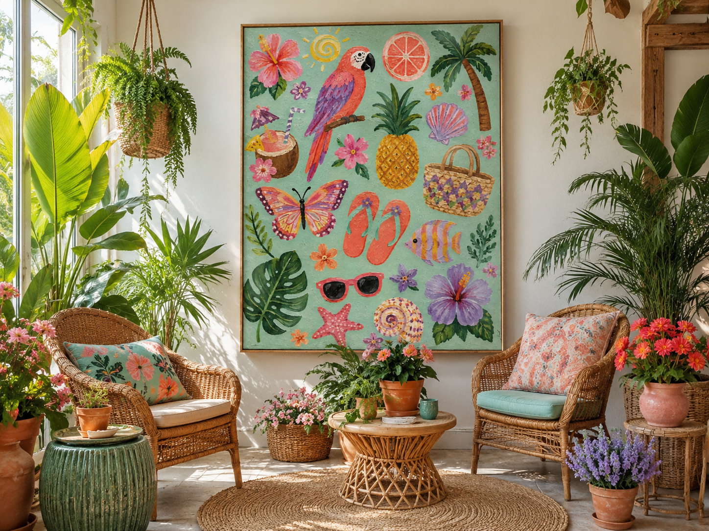 Vintage Coastal Wall Art With Seashells And Hibiscus Flowers For Beach House Bedroom