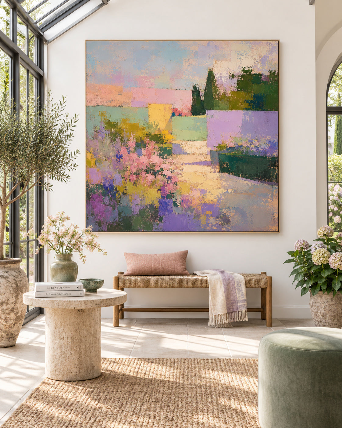 Abstract Floral Landscape Canvas Painting With Purple Pink Green Hues Hand-Painted Original Art