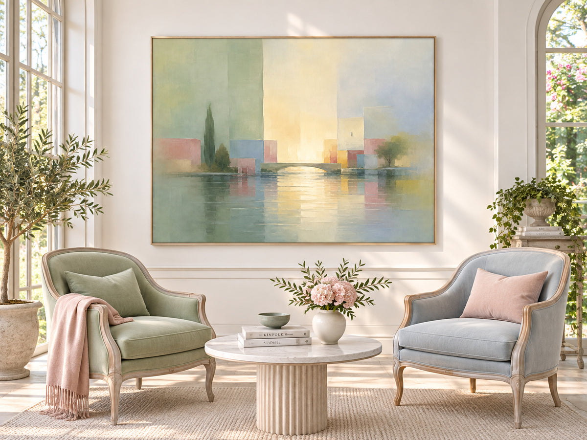 Modern Impressionist Geometric Landscape Canvas Painting With Morandi Color Palette