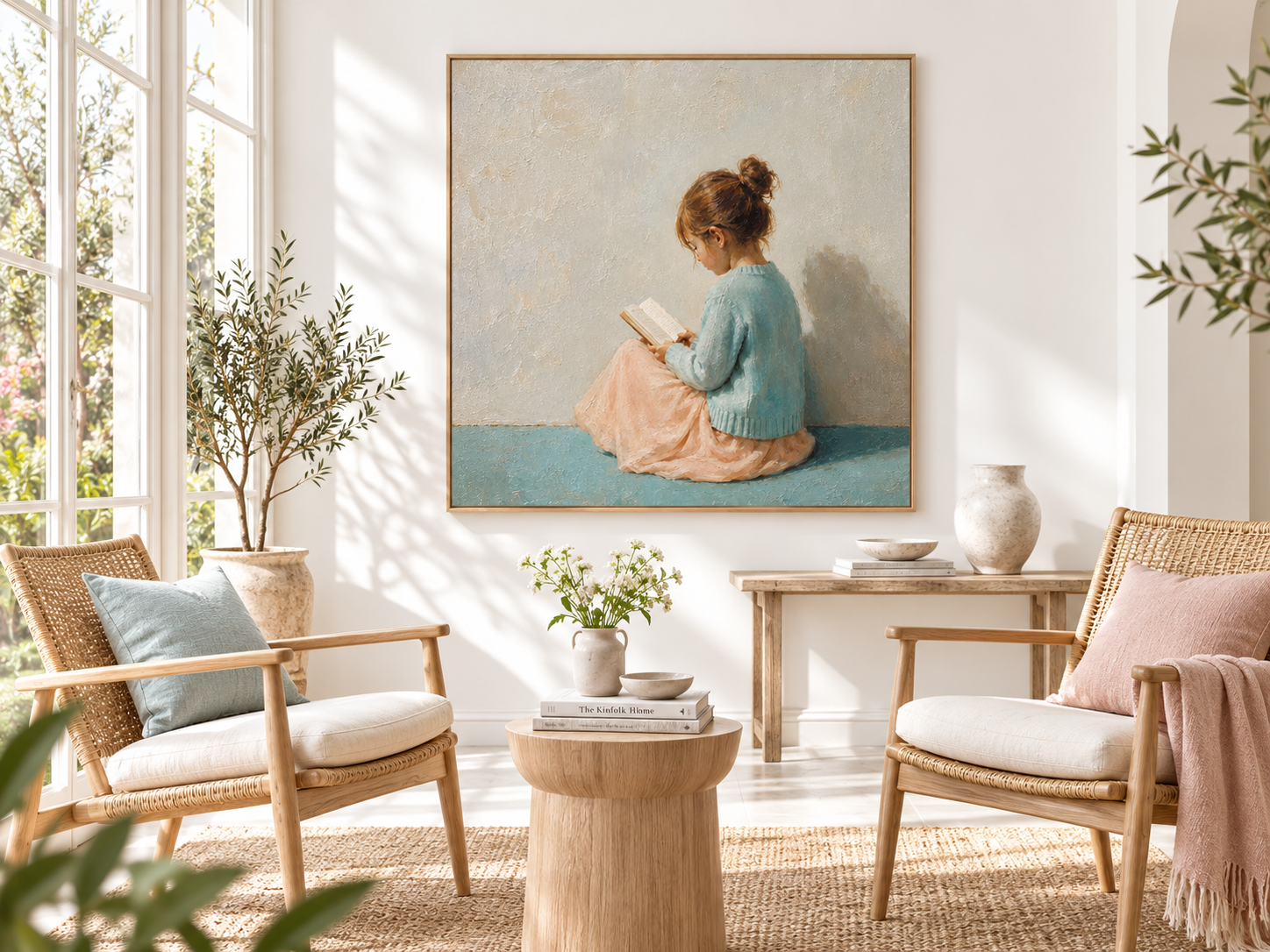 Girl Reading Book Hand-Painted Canvas Art With Blue Sweater And Gray Wall