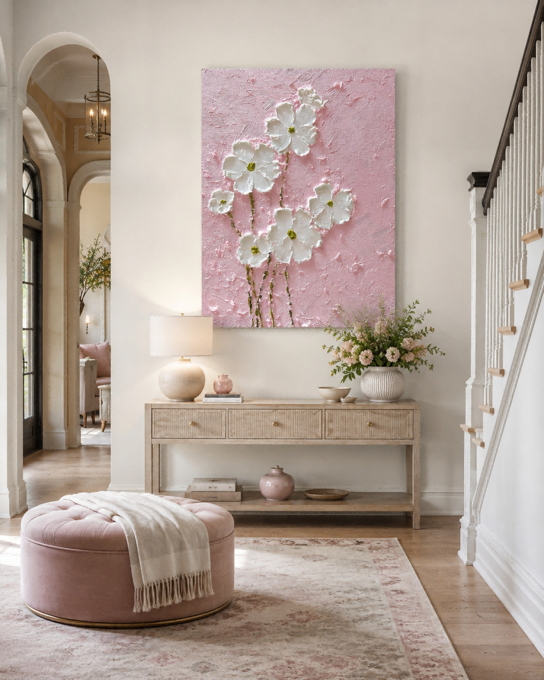 Modern Textured Art Piece With Abstract White Flowers On Pink Background