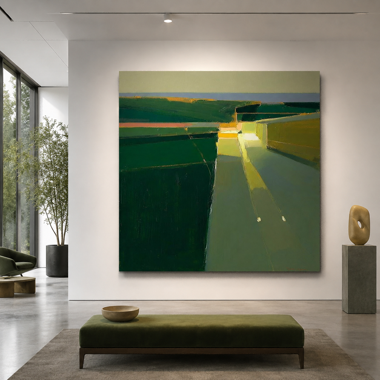 Modern Abstract Green And Yellow Square Oil Painting For Living Room Wall Art Decor