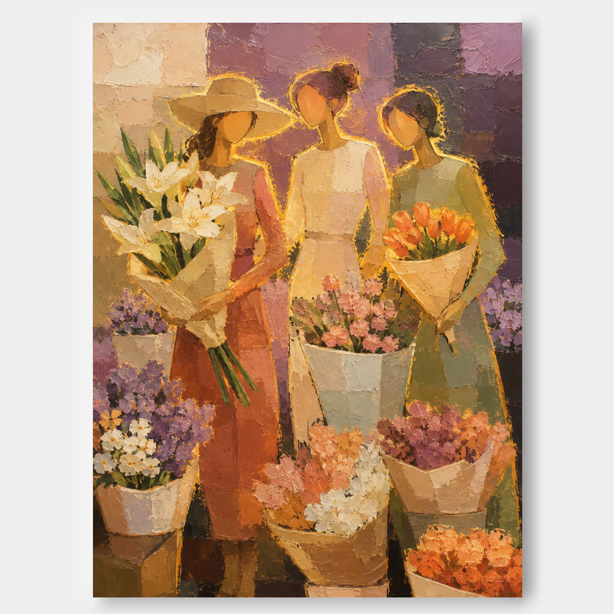 Modern Impressionist Textured Canvas Painting Hand-Painted Floral Market Scene With Three Women Canvas Art