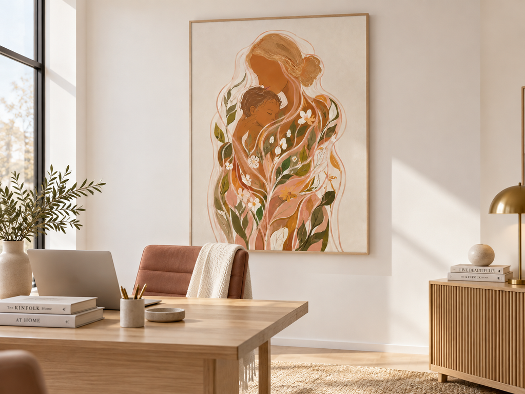 Bohemian Minimalist Abstract Painting Of Maternal Love And Nature