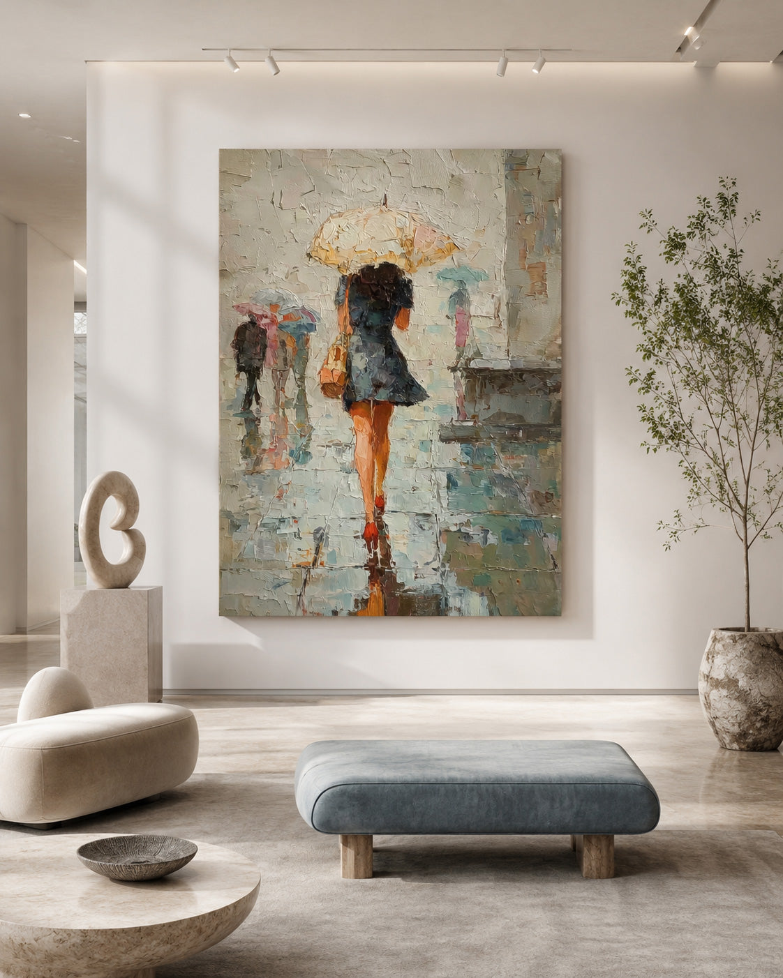 Rainy City Street Oil Painting Of Woman With Umbrella For Modern Home Decor