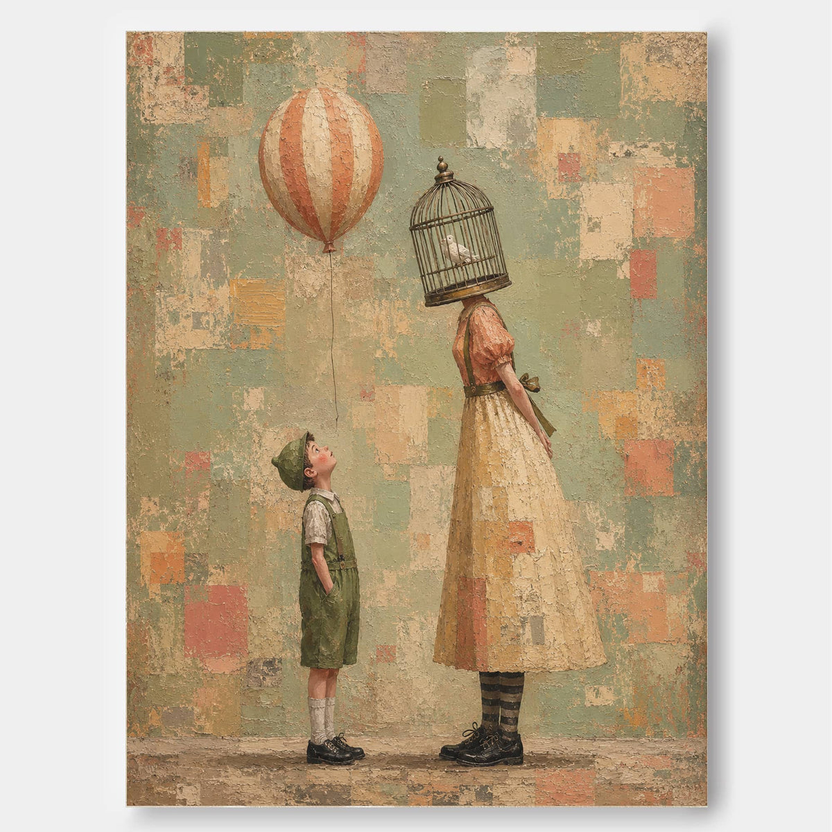 Birdcage Head Woman And Boy With Balloon Surreal Canvas Painting Vintage Style Artwork