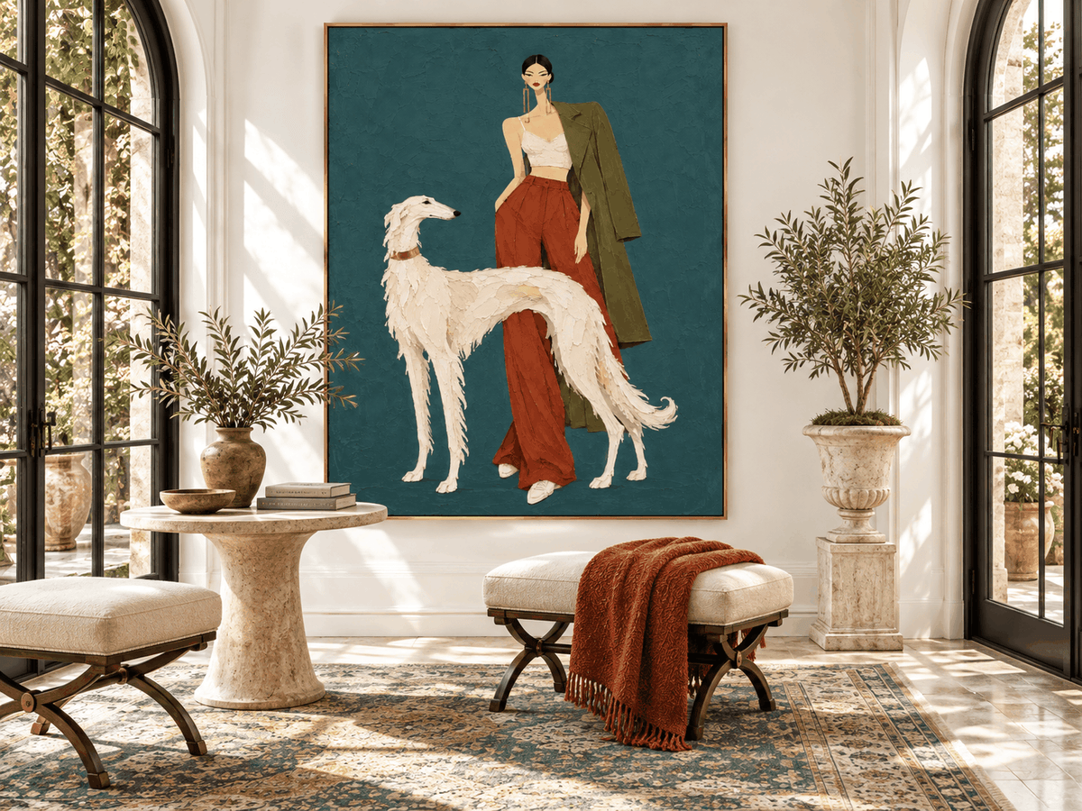 Fashion Woman And White Borzoi Dog Hand-Painted Canvas Art In Rust Red And Teal
