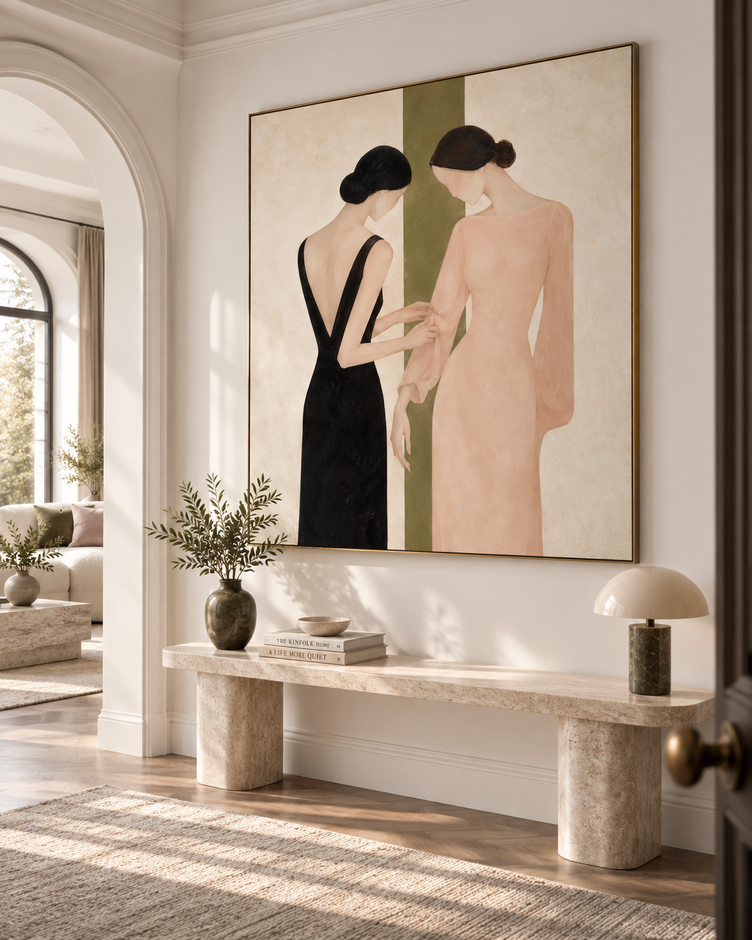 Minimalist Geometric Painting Two Women In Black And Pink Dresses Hand-Painted Modern Canvas Art