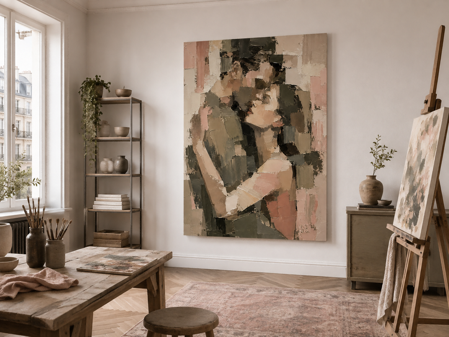 Modern Abstract Oil Painting Of Lovers Embrace With Geometric Impasto Texture For Bedroom Wall Art Decor