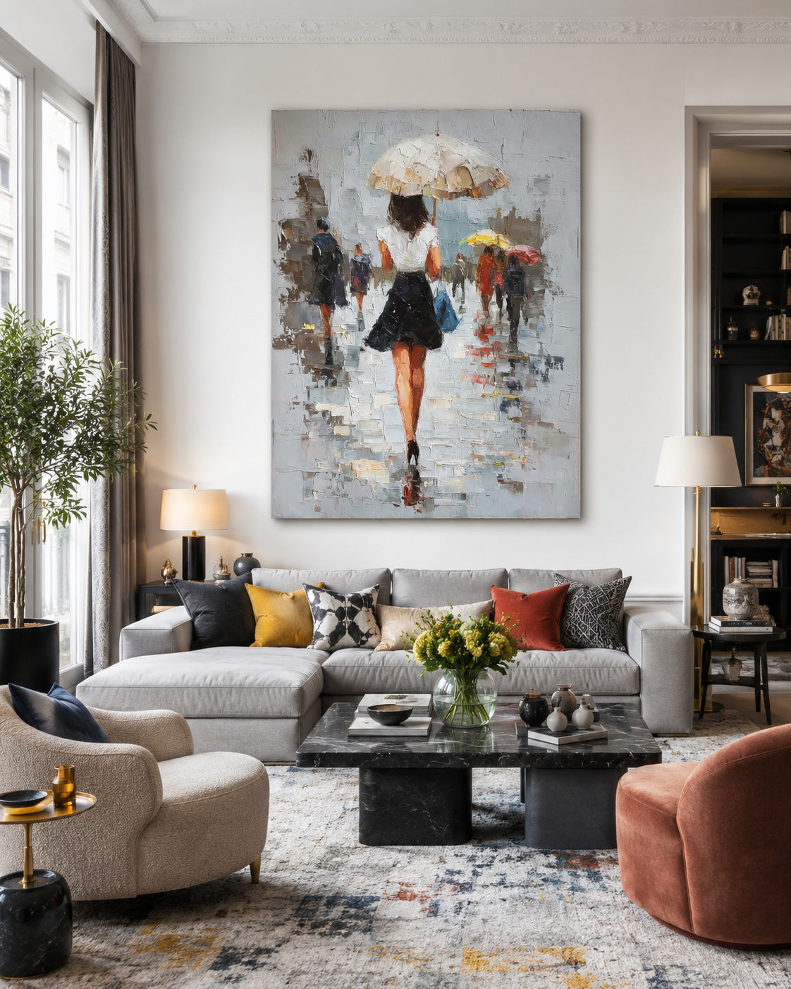 Atmospheric Impressionist Oil Painting Of Woman With Umbrella In City Rain