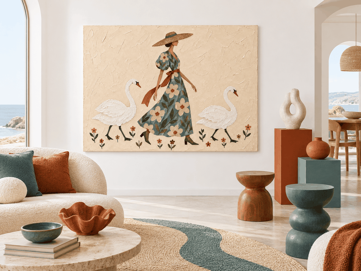 Lady With Swans Hand-Painted Canvas Art In Sage Green And Beige