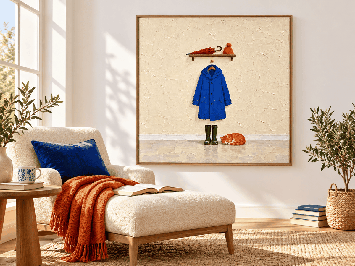 Hand-Painted Blue Coat And Sleeping Cat Canvas Art For Pet Lovers