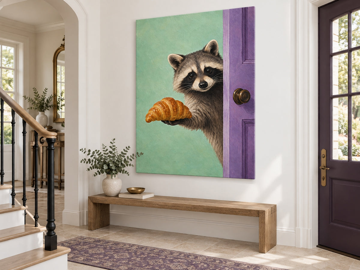 Modern Whimsical Raccoon Portrait Oil Painting Mint Green And Violet Tones