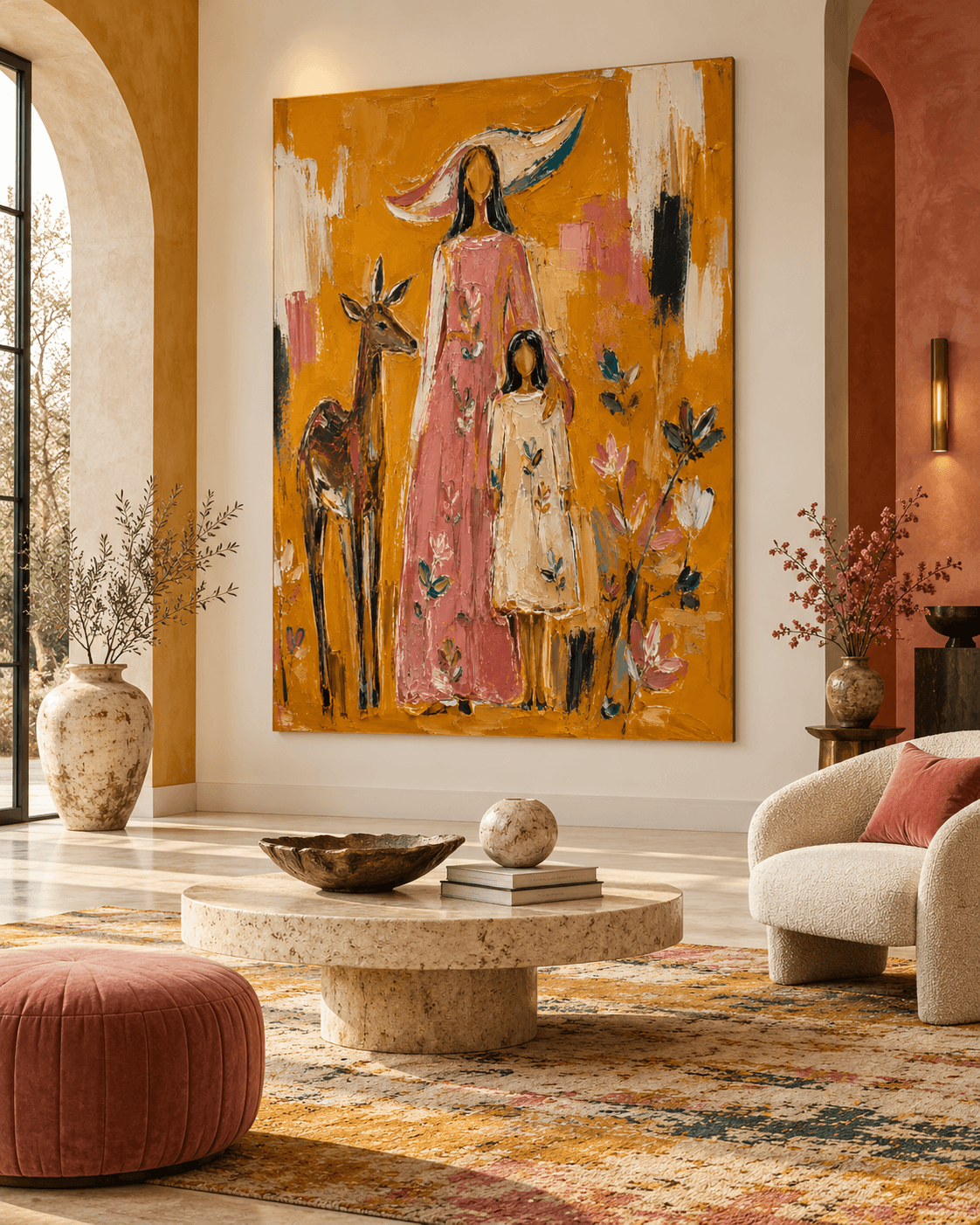 Abstract Pastoral Canvas Painting With Textured Ochre And Pink Tones Mother And Child With Deer Canvas Art