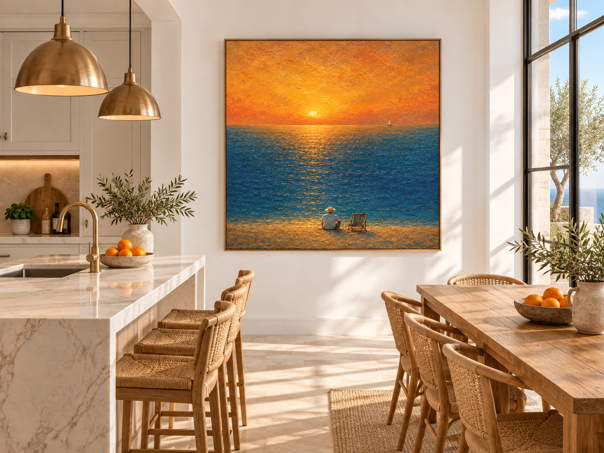 Modern Impressionist Textured Ocean Sunset Art With Golden Glow