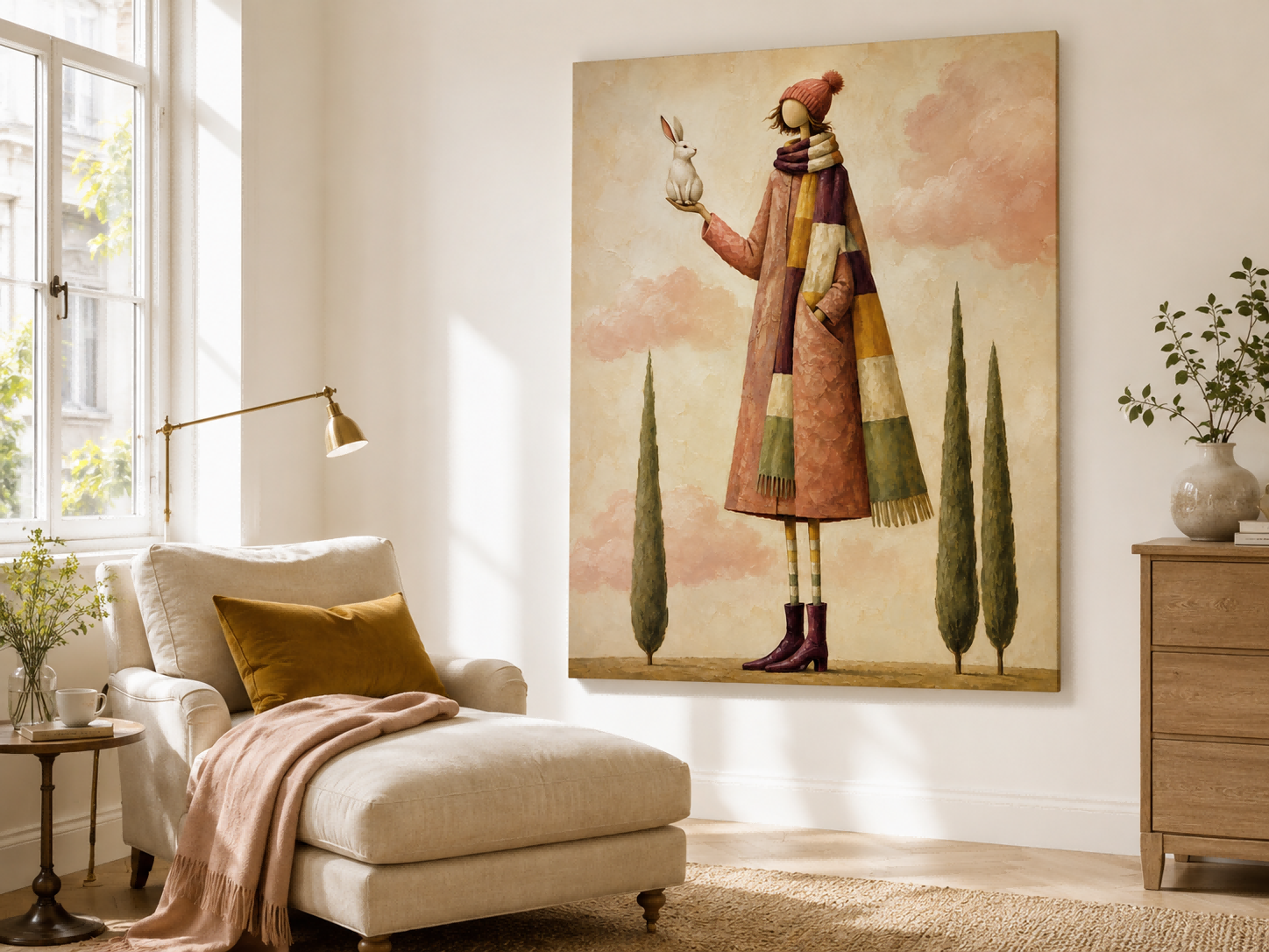 Surrealist Fantasy Oil Painting Of A Girl In A Long Coat With A White Hare