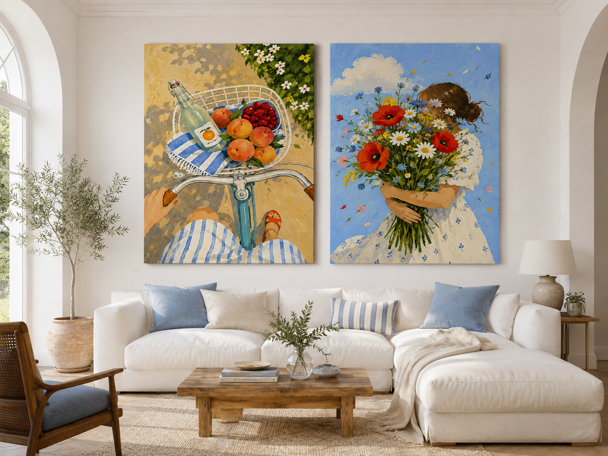 Hand-Painted Summer Flowers And Fruit Bicycle Canvas Art Diptych