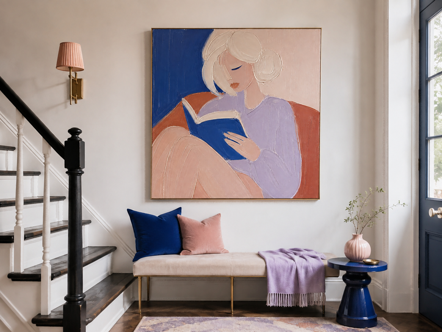 Modern Minimalist Abstract Art Painting Of Woman Reading In Blue And Purple Tones For Living Room Decor