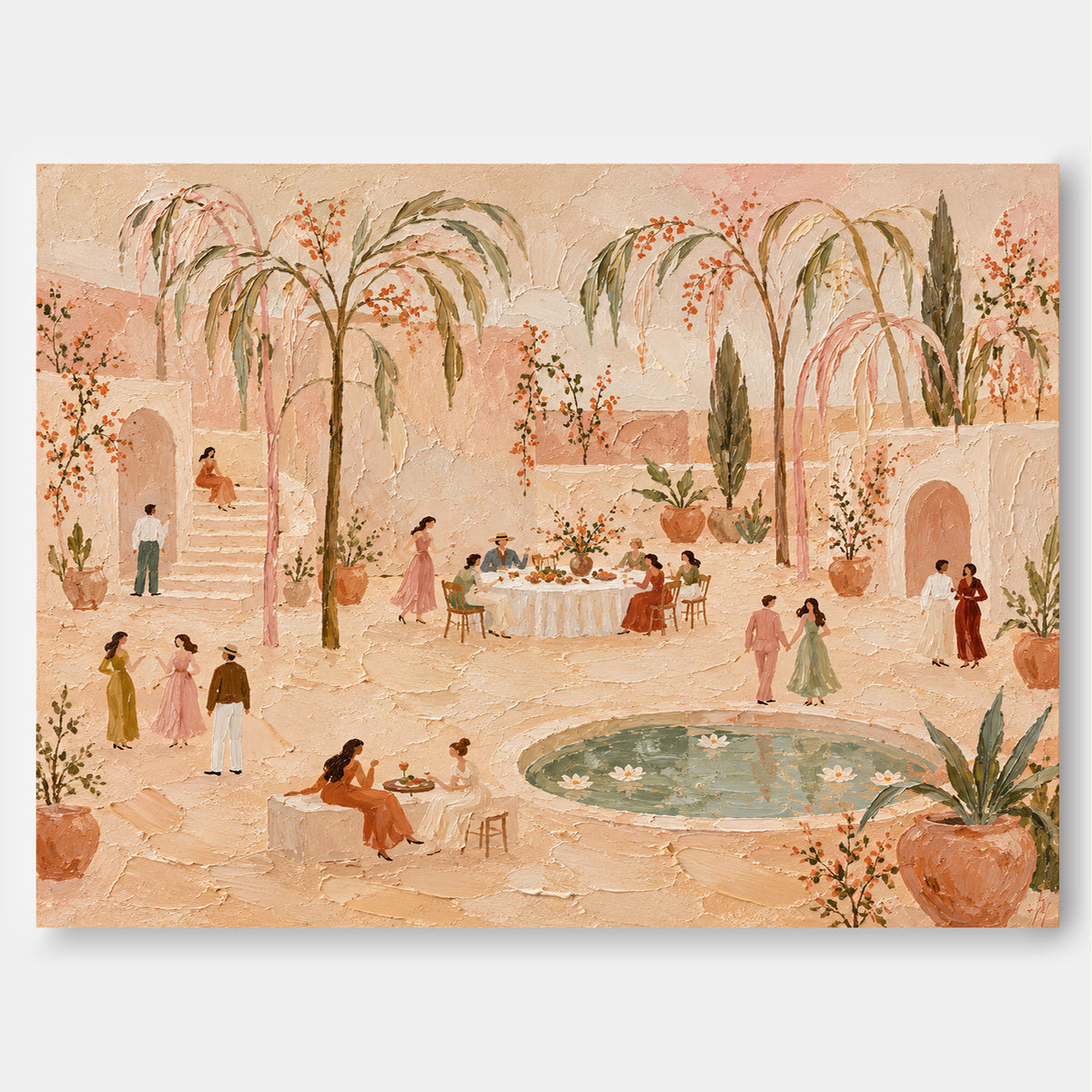 Vintage Moroccan Style Painting With Soft Pink And Green Tones