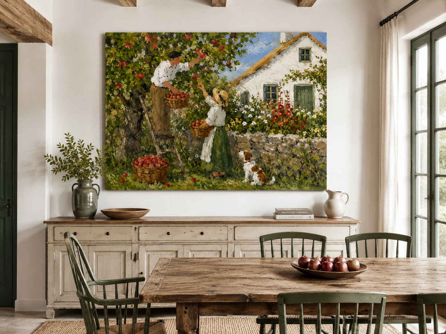 Pastoral Oil Painting Style Canvas Art Of Apple Orchard Harvest With Stone Wall And Flower Garden