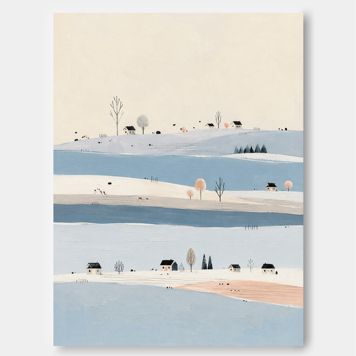 Minimalist Naive Art Oil Painting With Ethereal Snowy Village Scene
