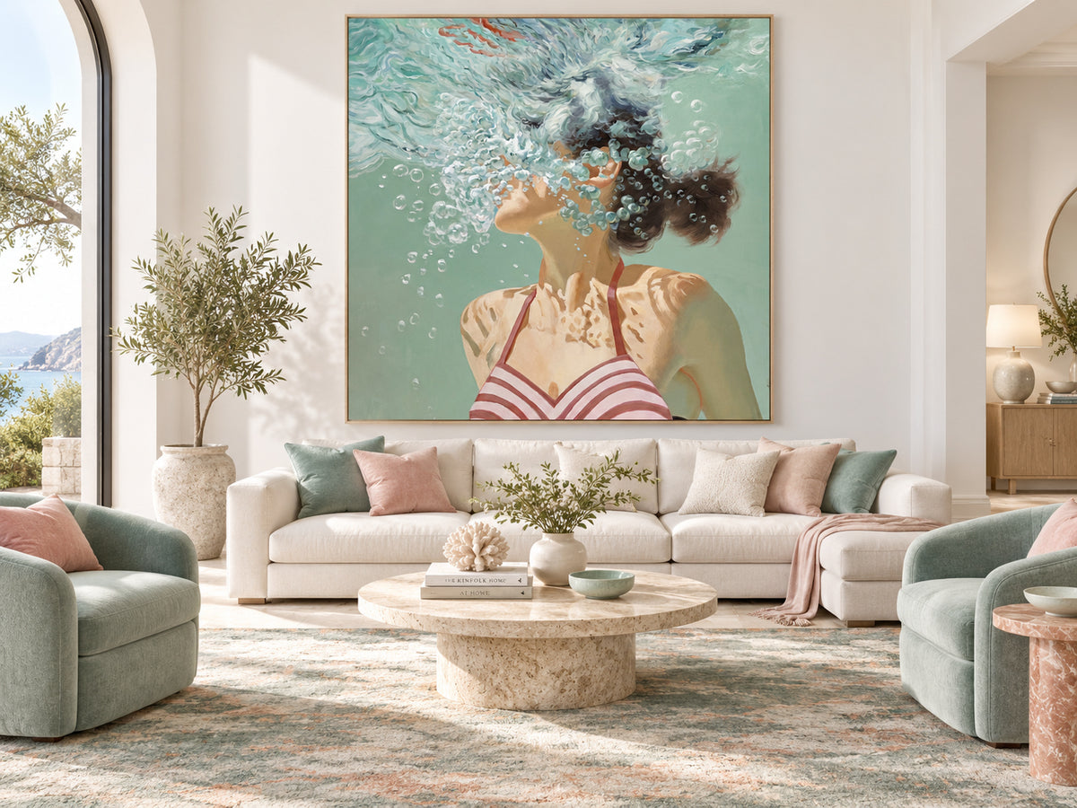 Underwater Swimmer Canvas Painting Hand-Painted Original Art With Bubbles