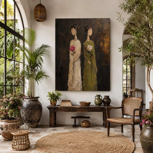 Original Textured Canvas Art Of Two Women Sharing A Quiet Moment