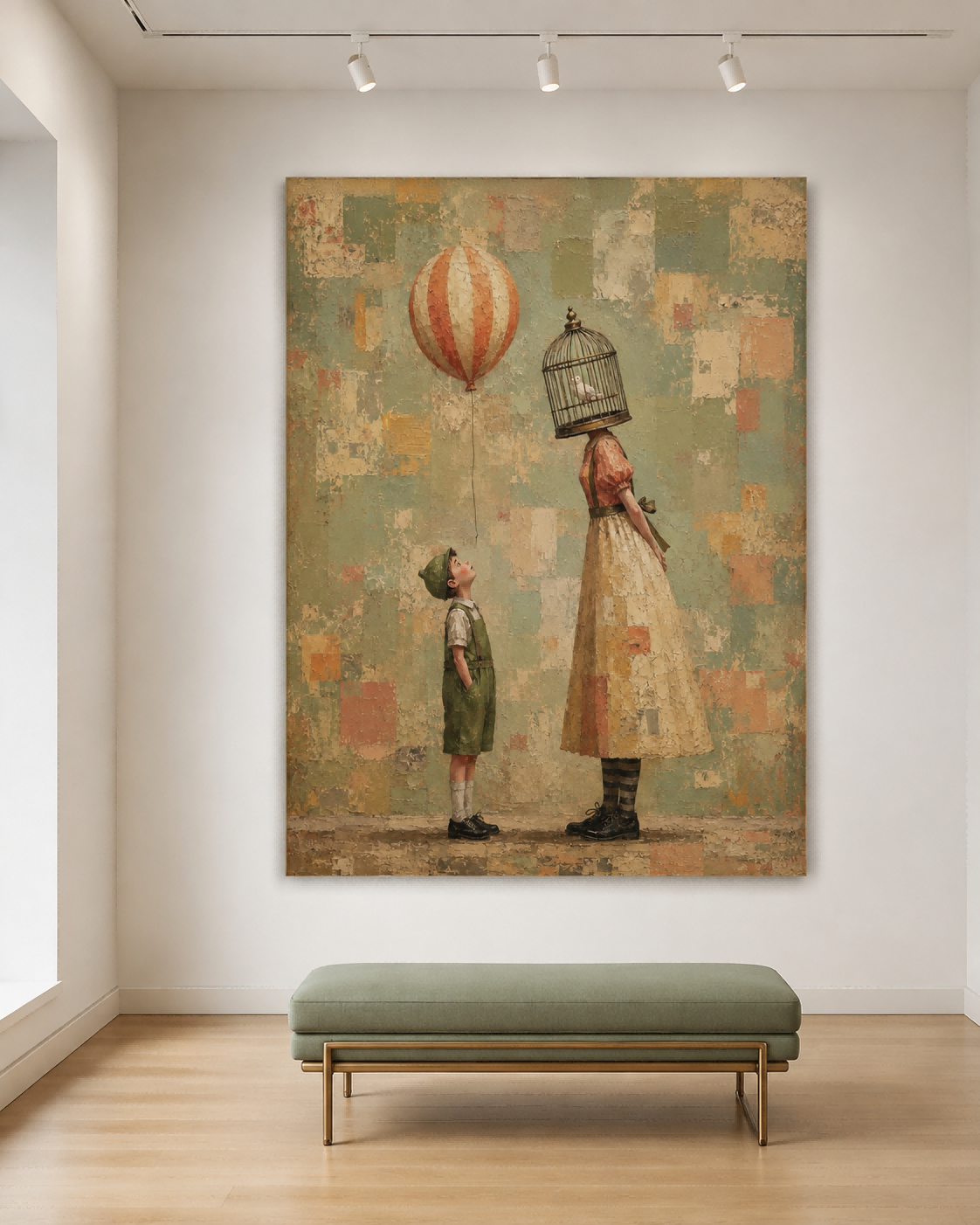 Birdcage Head Woman And Boy With Balloon Surreal Canvas Painting Vintage Style Artwork