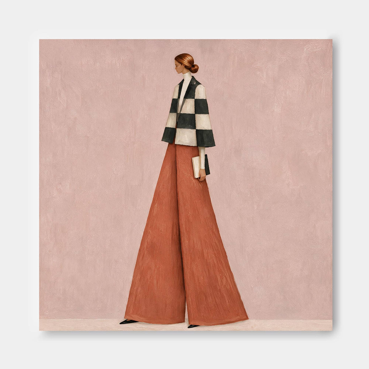 Fashion Woman In Checkered Jacket And Rust Pants Hand-Painted Canvas Art