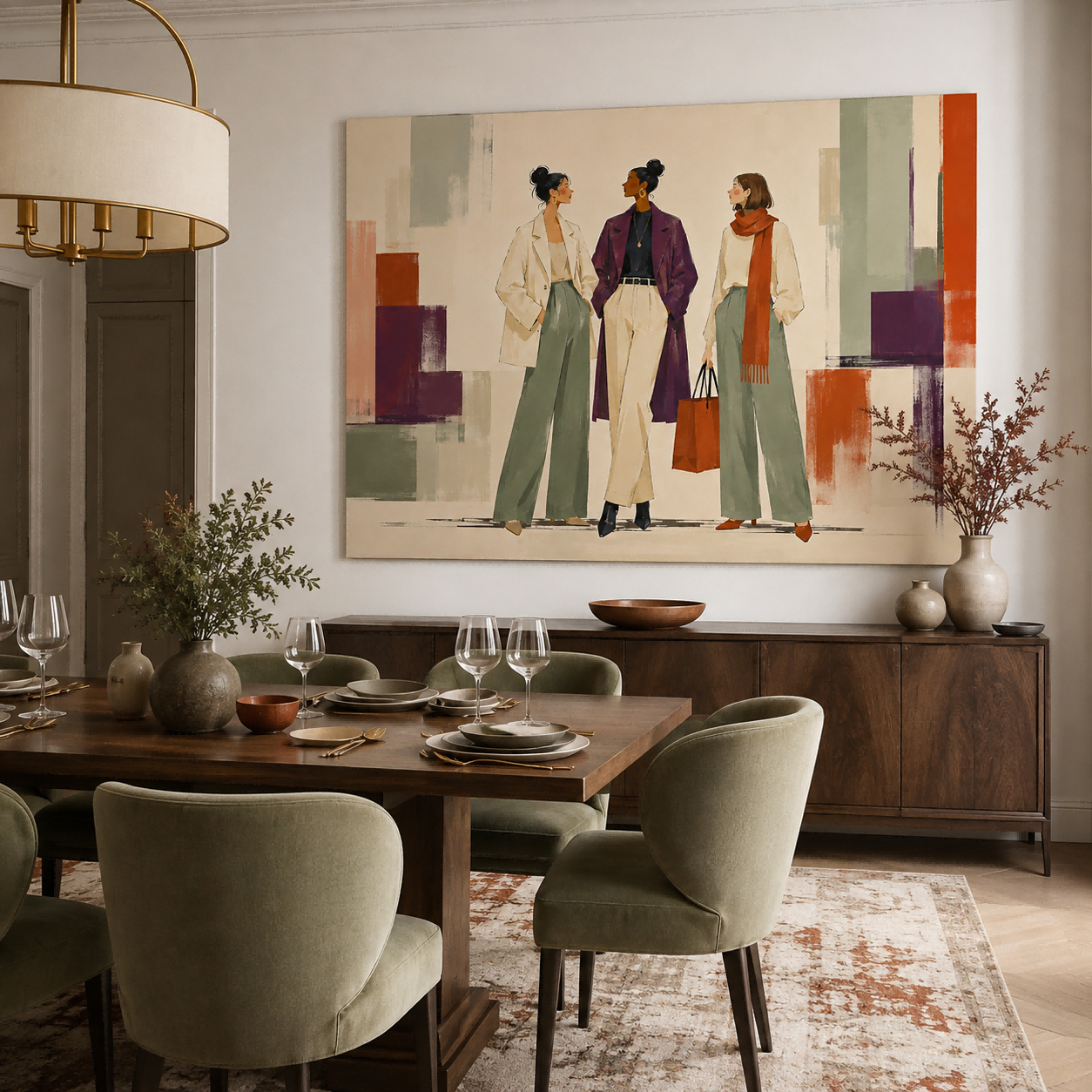 Modern Fashion Art Painting Of Elegant Women In Geometric Style For Living Room Decor