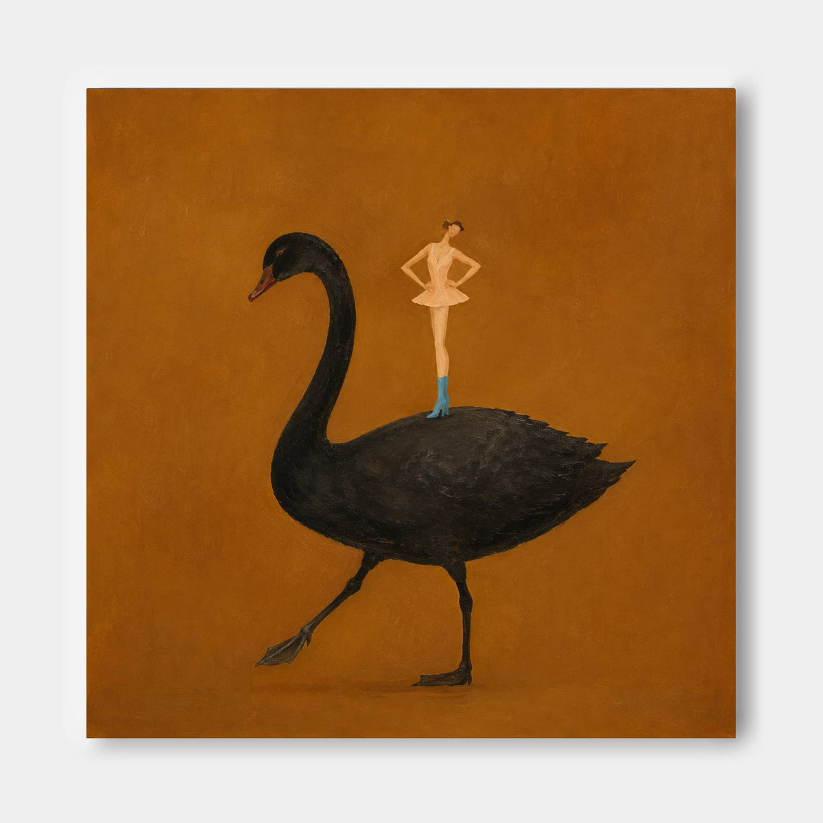 Surrealist Fashion Illustration Original Painting On Canvas Ochre Background Ballerina And Black Swan Hand-Painted Canvas Art In Warm Brown Tones