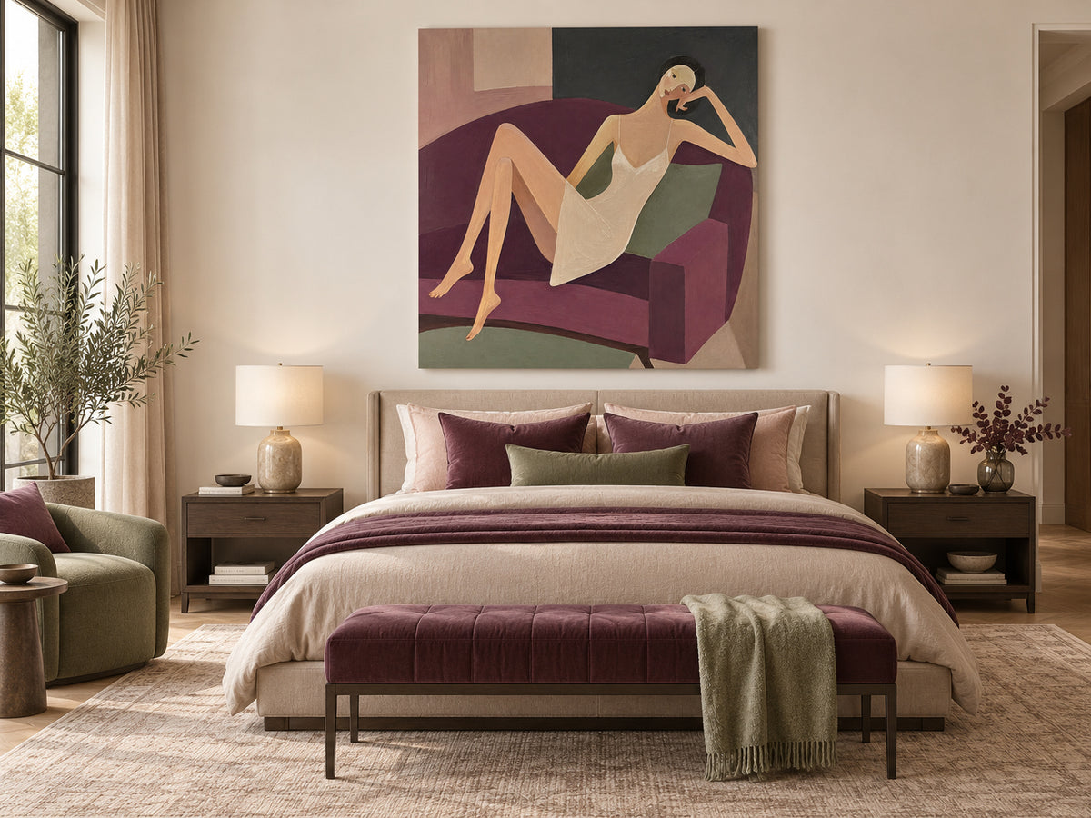 Minimalist Retro Style Canvas Art Textured Painting Of Lady Relaxing On Sofa Original