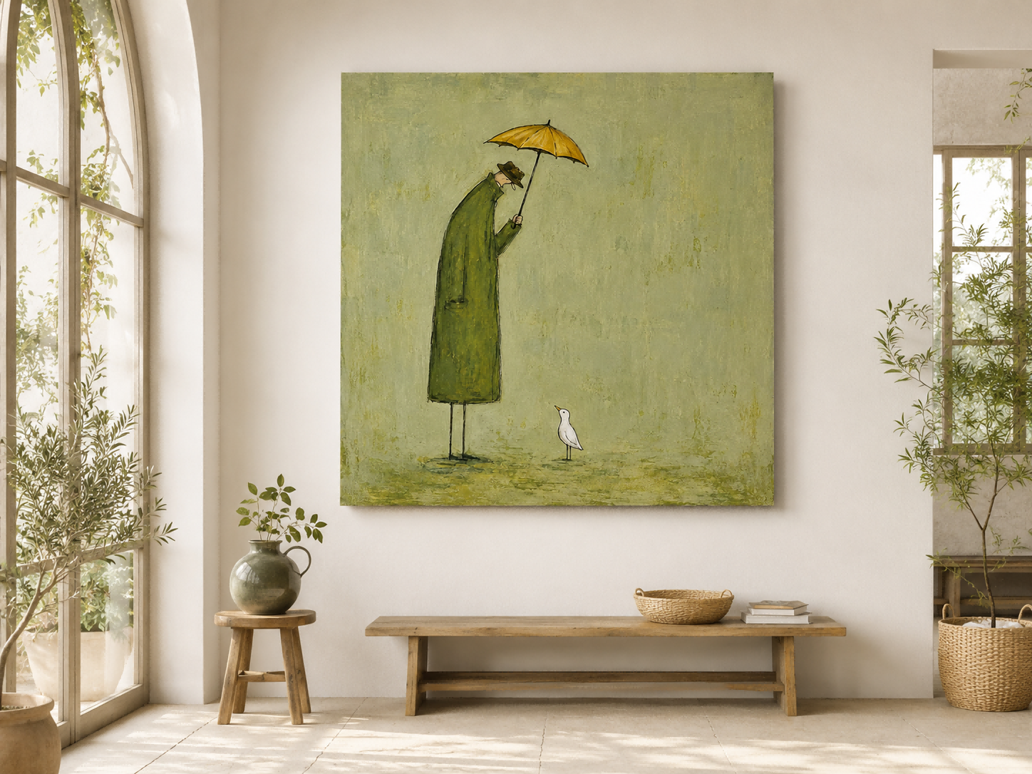 Naive Art Painting Of Man And Bird With Umbrella For Modern Wall Decor