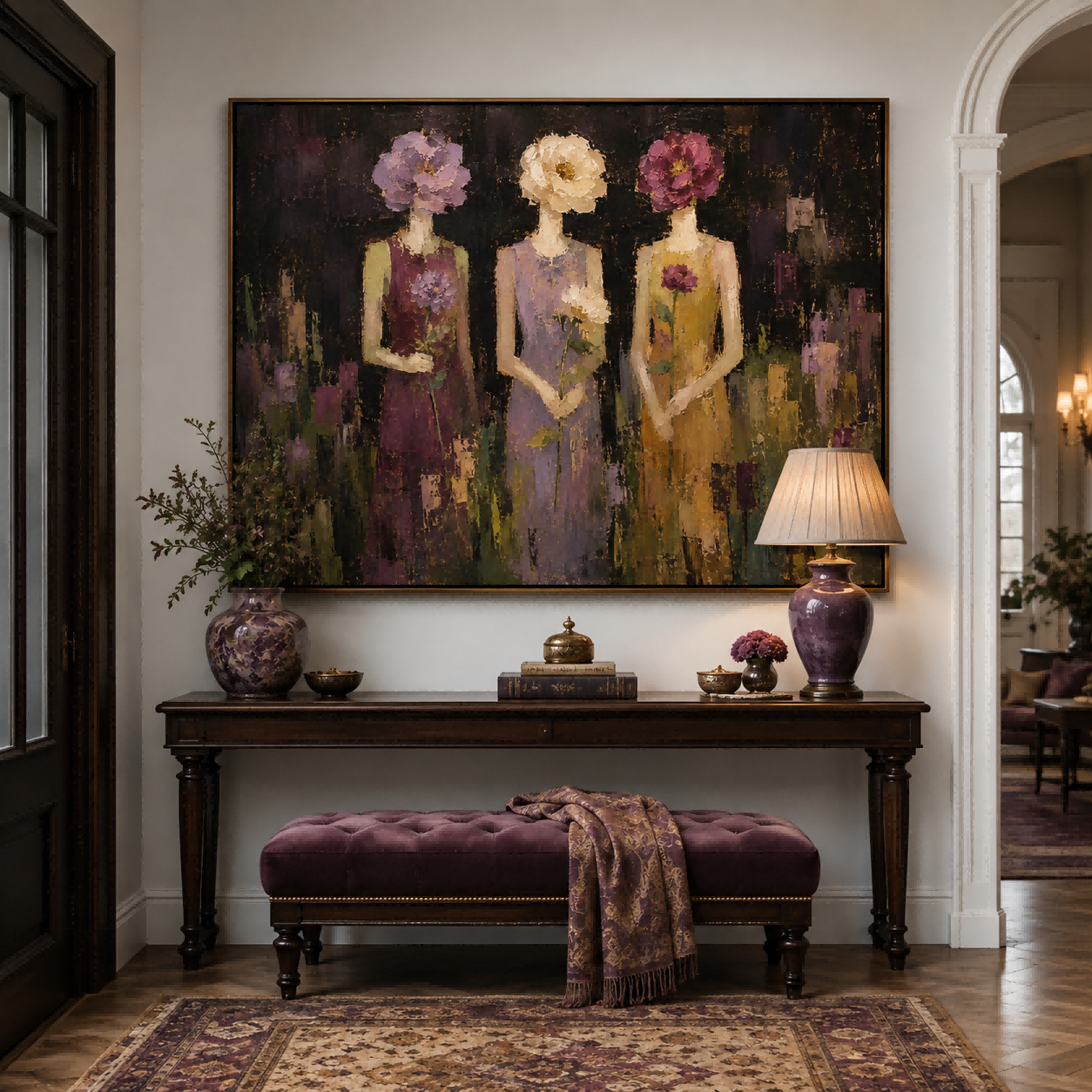 Abstract Figurative Painting Of Women With Flowers In Rich Textured Oil Style