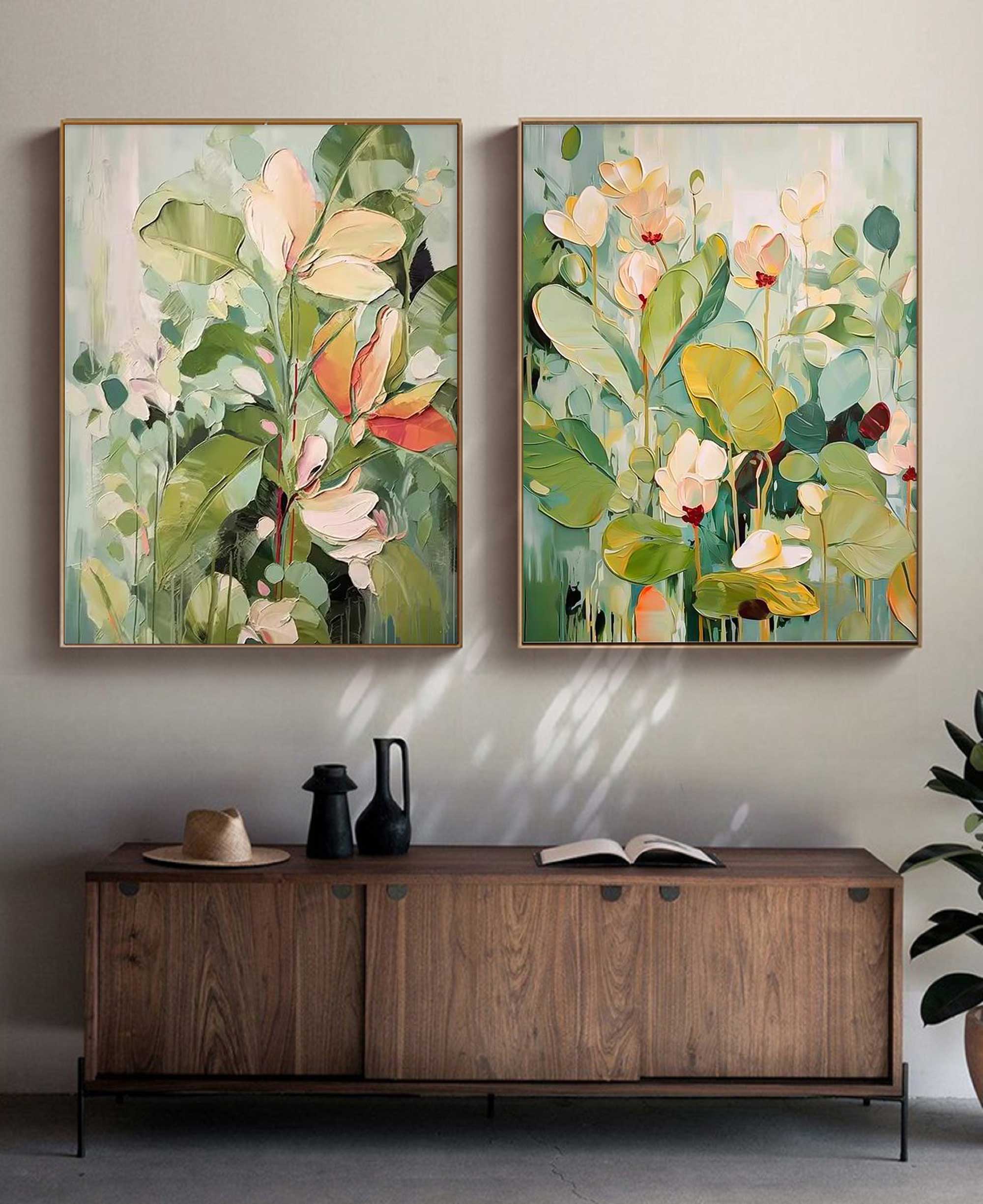 Set of 2 Green Abstract Oil Paintings Contemporary Flower Canvas Wall Art Floral Spring Artwork