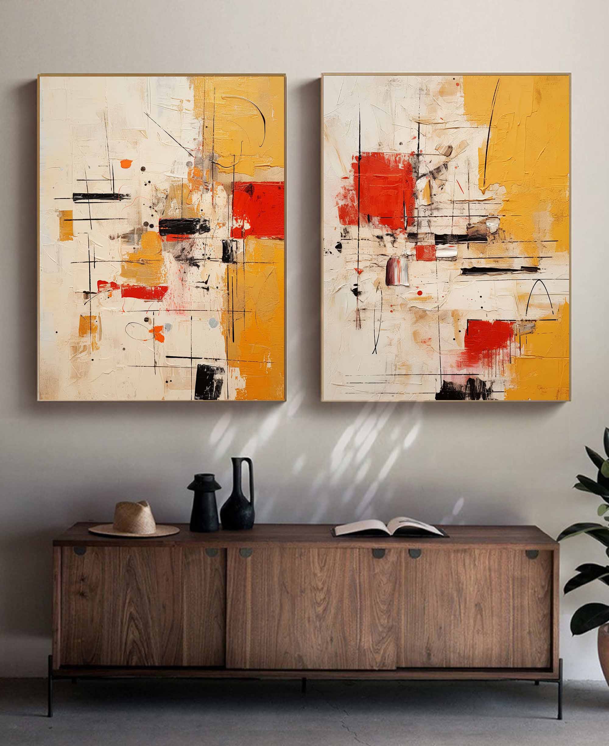 Set of 2  Large Original Acrylic Painting vibrant Yellow Abstract Graffiti Oil Painting Modern Wall Art Living Room Decor